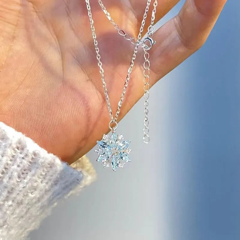 Sky blue snowflake pendant necklace with rhinestones on alloy chain