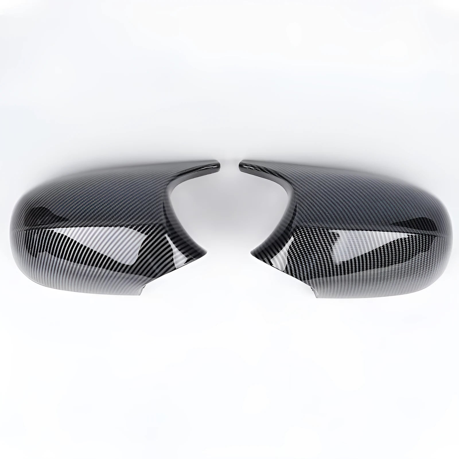A pair of black ABS plastic rearview mirror shells for a BMW 3 Series E90 car.