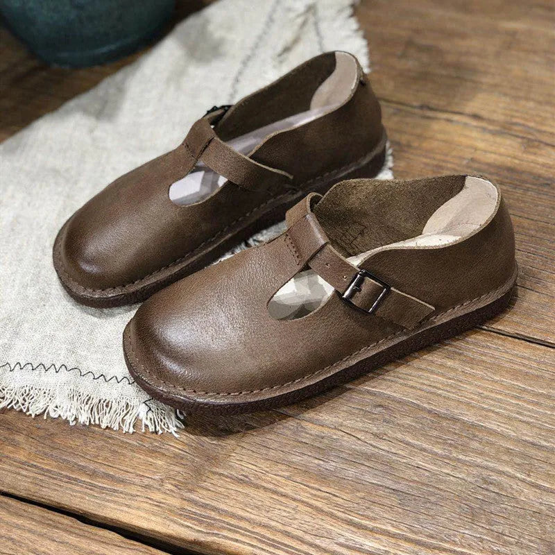 Women's genuine leather flat shoes, low 1-3cm heel, round toe, black or coffee, sizes 35-40