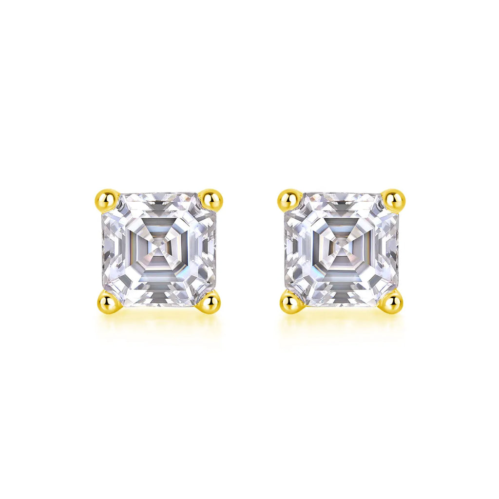 Pair of square cut moissanite stud earrings in S925 silver with platinum plating, gold colour finish, in gift box with GRA certificate