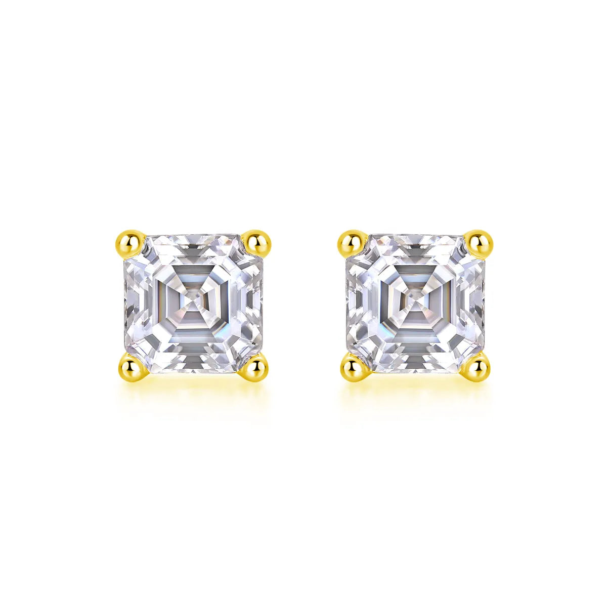 Pair of square cut moissanite stud earrings in S925 silver with platinum plating, gold colour finish, in gift box with GRA certificate