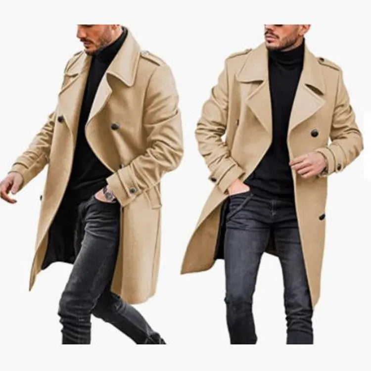 Woolen men's coat in solid colour with polyester lining, straight hem, and embedded pockets on a model