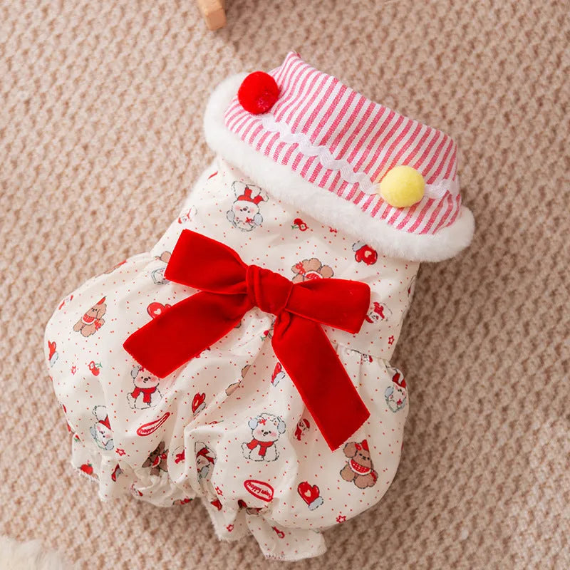 Autumn winter pet clothes for small dogs and cats, warm skirt with built-in D-ring belt in blue and red.