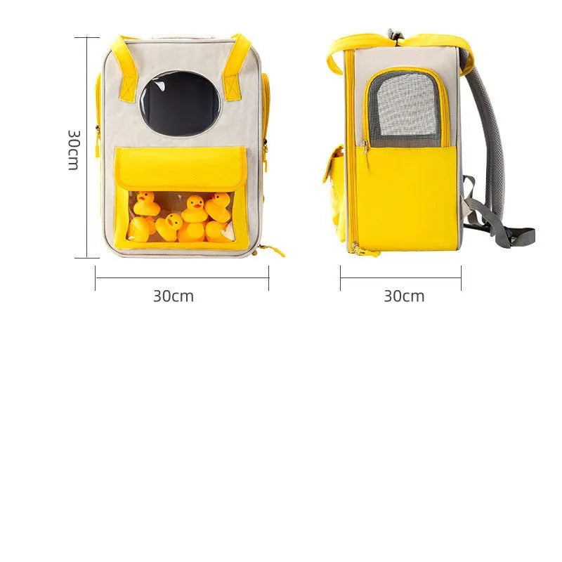Large capacity breathable canvas pet backpack, 30x20x41cm, canvas leather mesh, two styles including five little yellow ducks