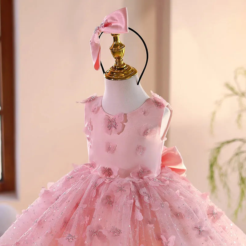 Pink children's little princess dress with polyester fabric, suitable for flower girls, sizes 80cm to 150cm