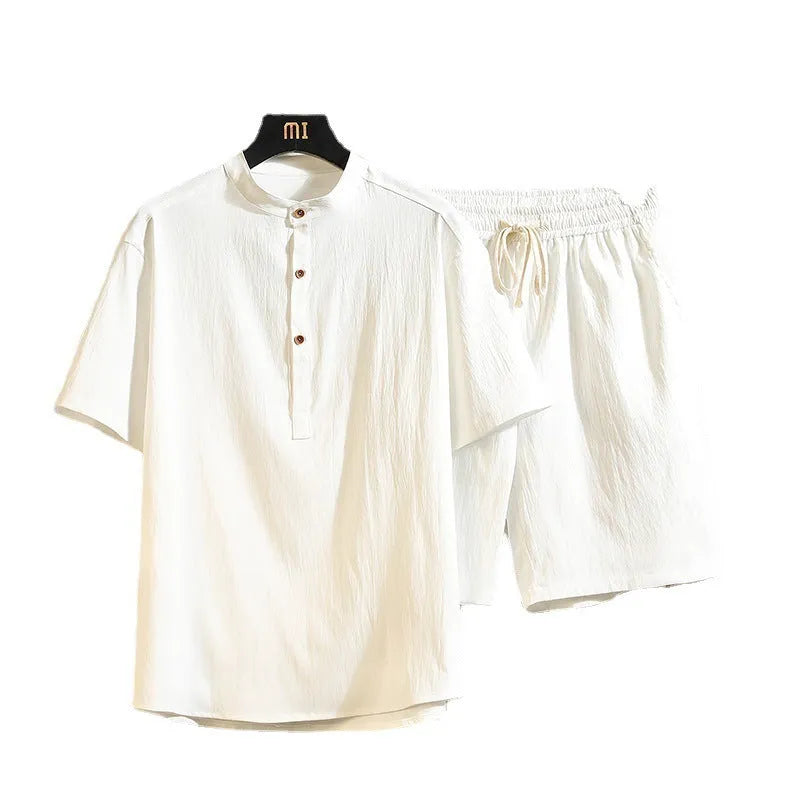 Chinese style two-piece suit with stand collar and short sleeves in a relaxed fit for summer leisure wear