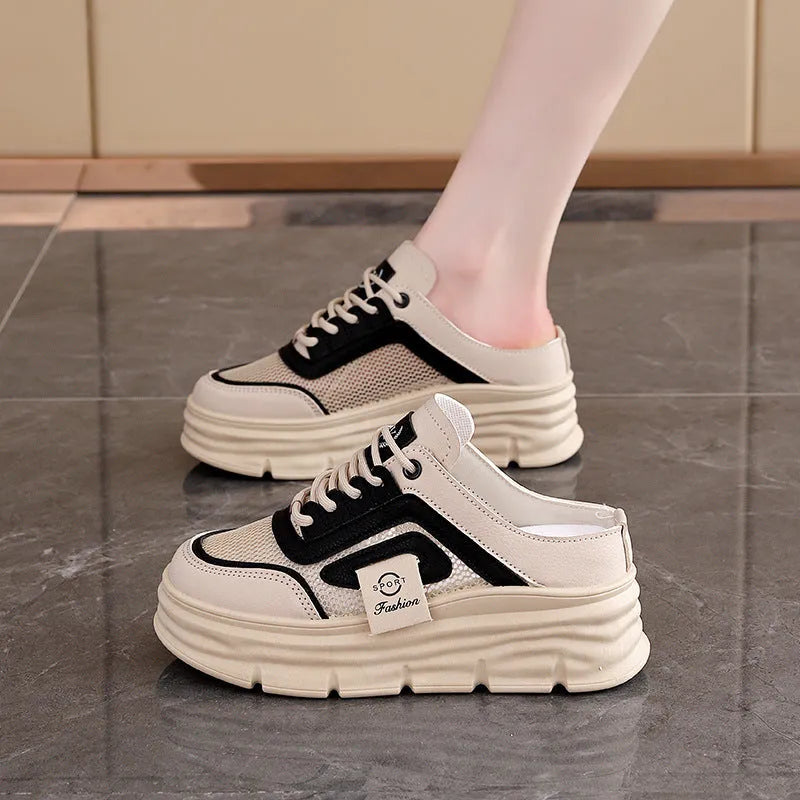 Women's mesh half slippers with breathable upper, round toe design, and height increasing insole in black, khaki, or white