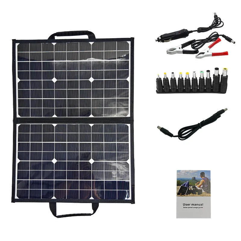 Black 40W single crystal solar panel folded into a slim bag, showing fabric texture and dimensions of 425mm by 285mm.
