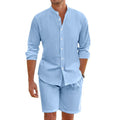 Men's dark grey hemp-blend short sleeve button-down shirt and matching drawstring shorts on a hanger.