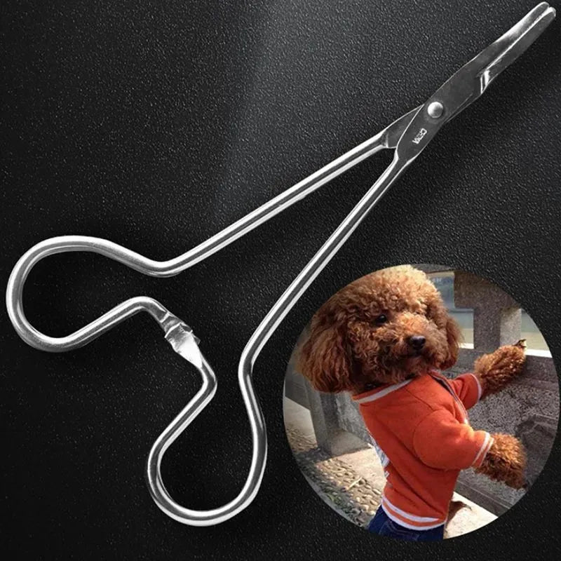Silver stainless steel pet ear tweezers with anti-slip handle and curved tip for cats and dogs.