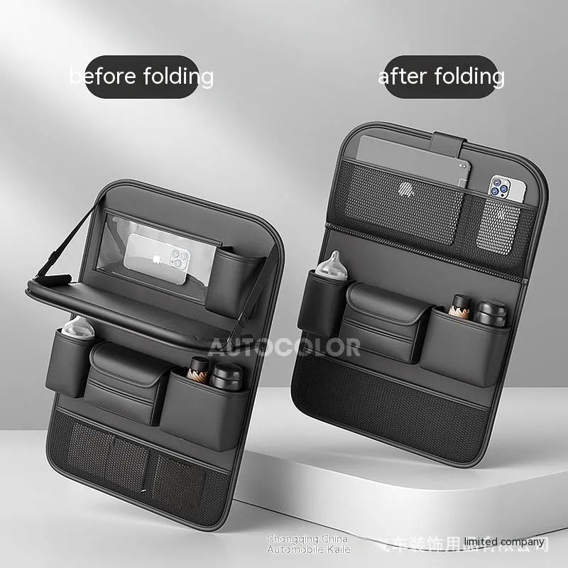 Leather car seat storage bag with foldable dining table in obsidian black colour