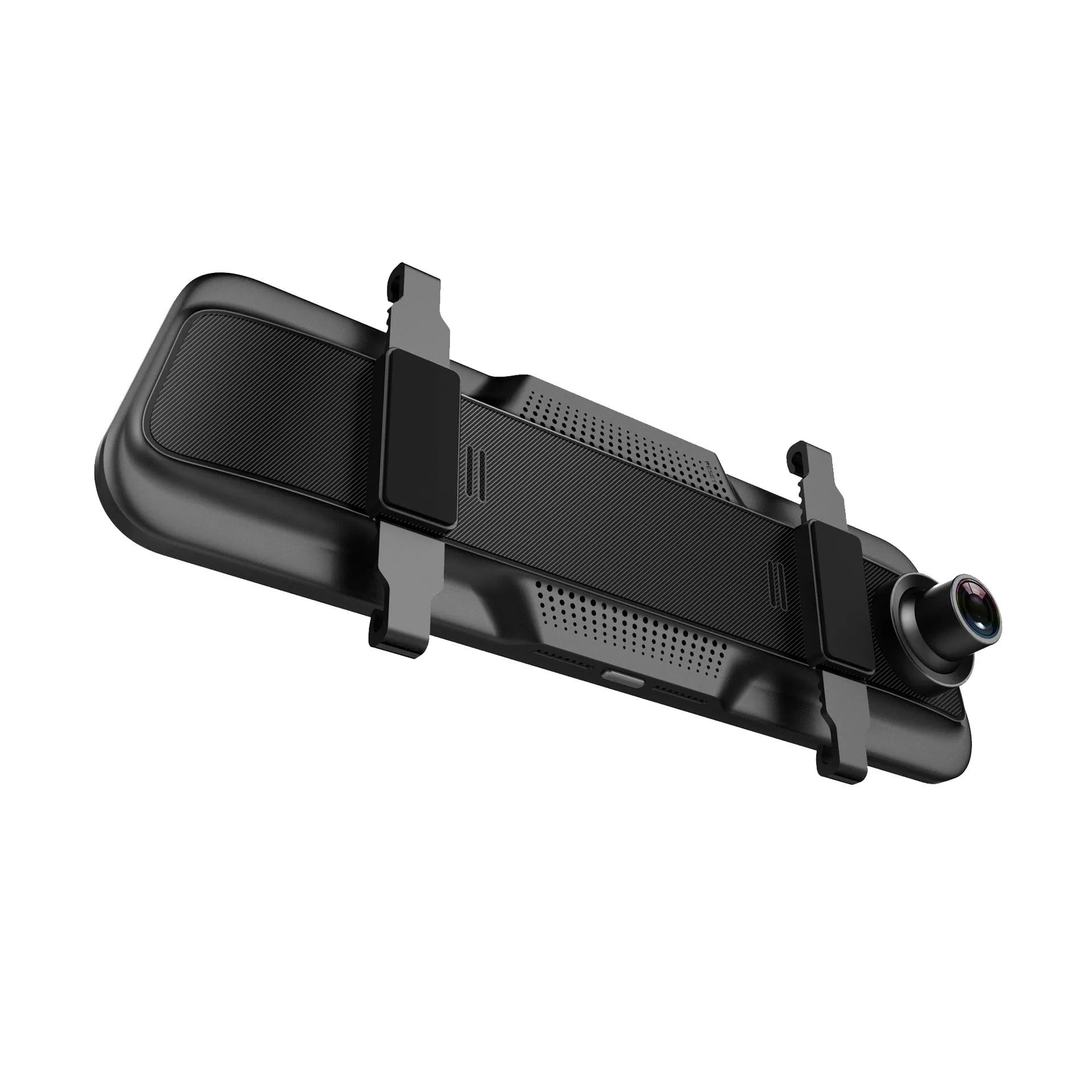 Black rearview mirror format driving recorder with large touchscreen display