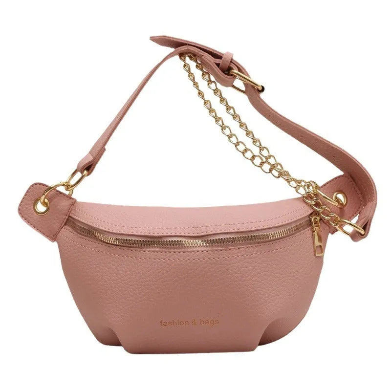 PU medium soft waist bag with single shoulder strap and zippered compartment, black colour, splicing detail