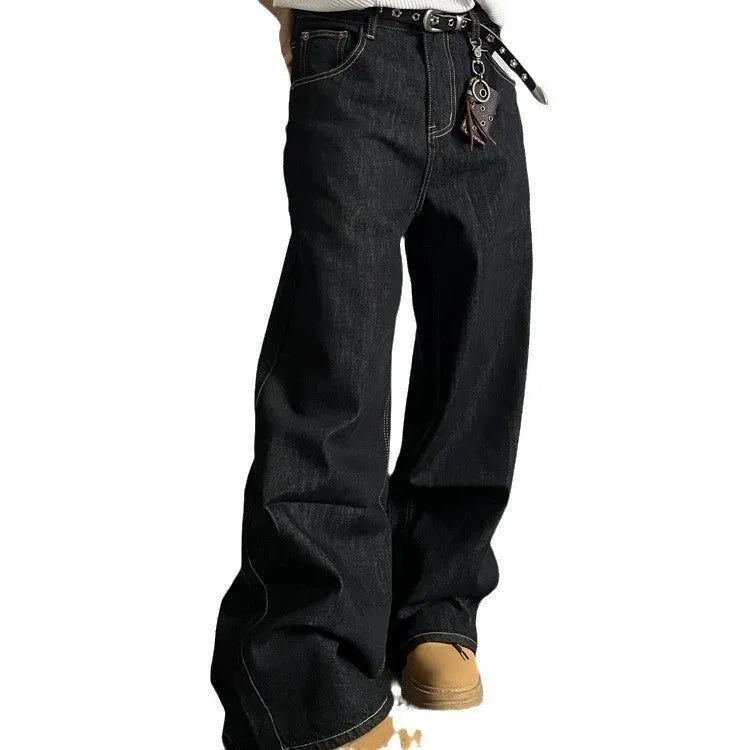 Black retro wide-leg straight jeans with mid-waist design and zip closure