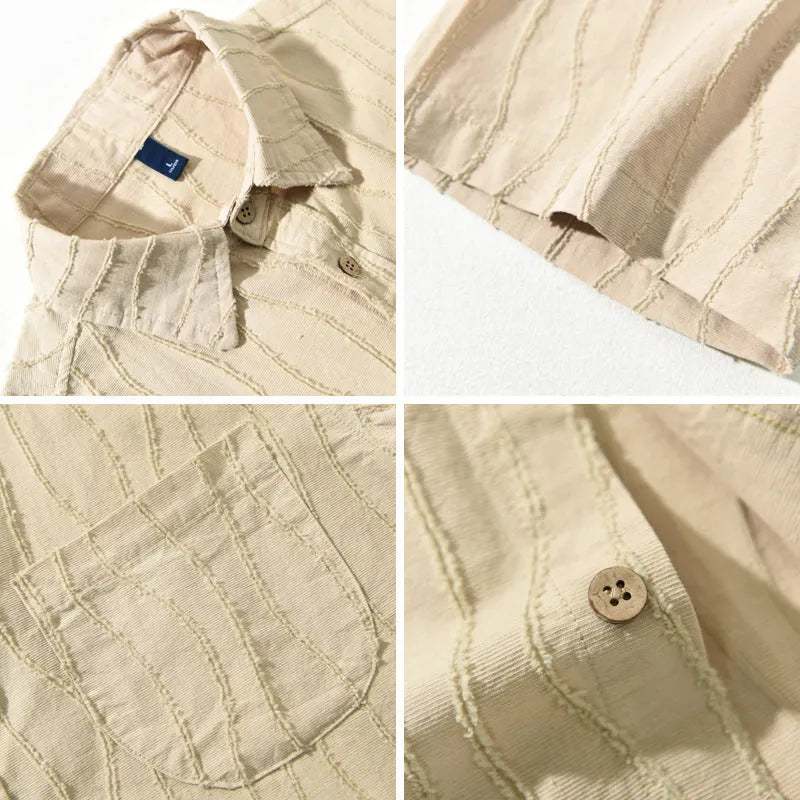 Men's apricot pure cotton loose fit casual short sleeve shirt on a hanger