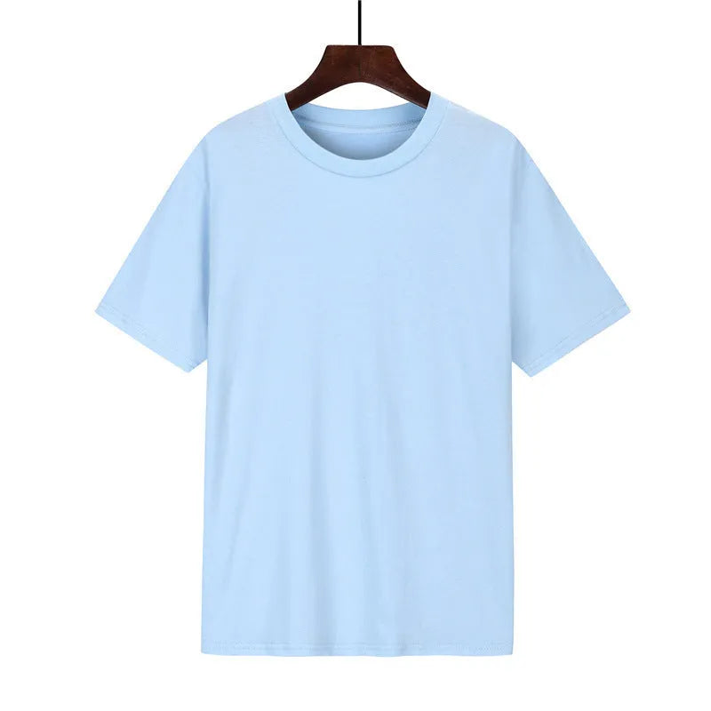 Men's loose fit short sleeve cotton T-shirt shown in multiple colour options on a size chart background.