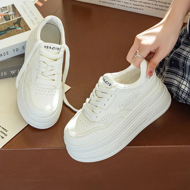 Creamy white beige leather platform casual shoes with lace-up and cross strap closure, round toe, low top, high heel 6-8cm