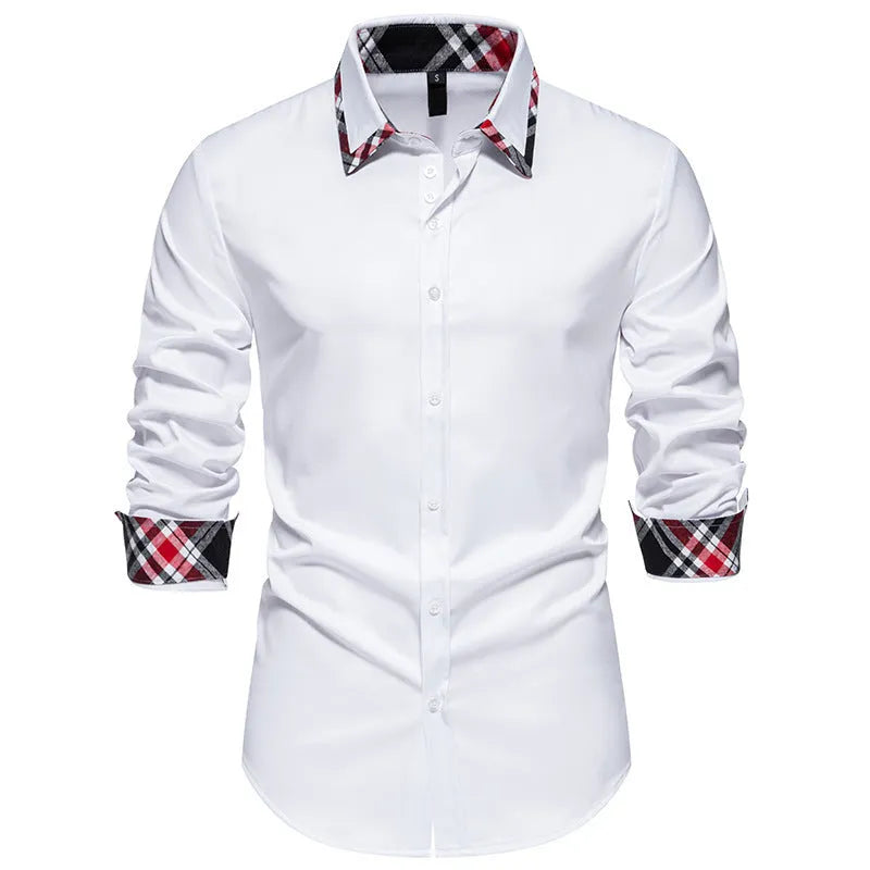 Men's black plaid shirt with a triangle collar and long sleeves in a cardigan style.