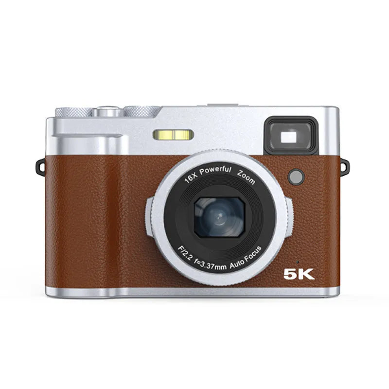 Black 5K digital camera with front and rear lenses, optical viewfinder, and 2.88-inch screen on a strap.