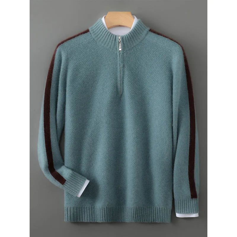 Half-height zip round neck slim fit wool sweater in raw velvet camel colour