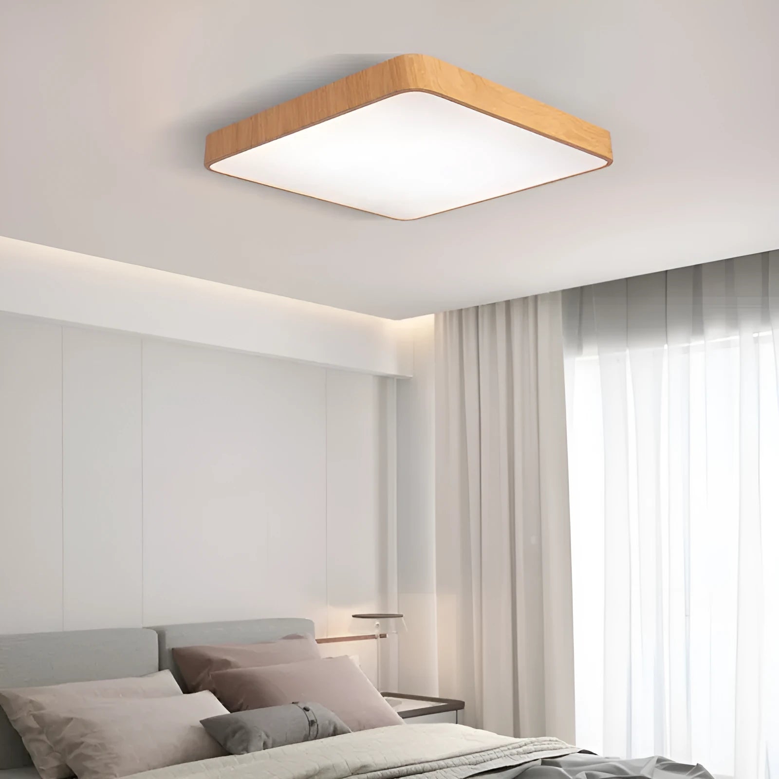 Nordic style square LED ceiling light with wood grain finish on iron frame, showing modern simple design