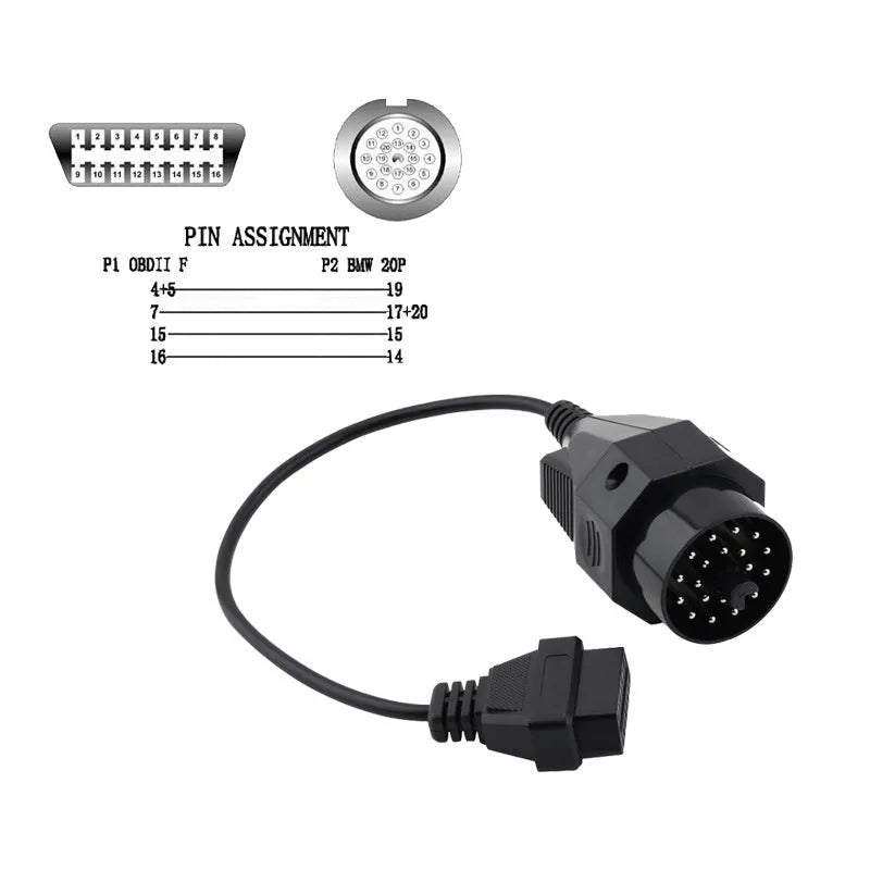 OBD2 adapter cable with BMW 20-pin connector and standard 16-pin OBD2 connector for vehicle diagnostics.