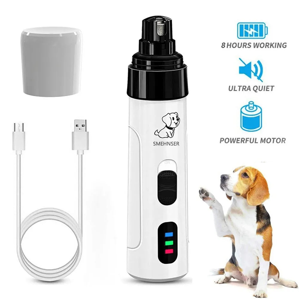 White electric dog nail grinder with LED light on handle and grinding head, showing dust collection port.