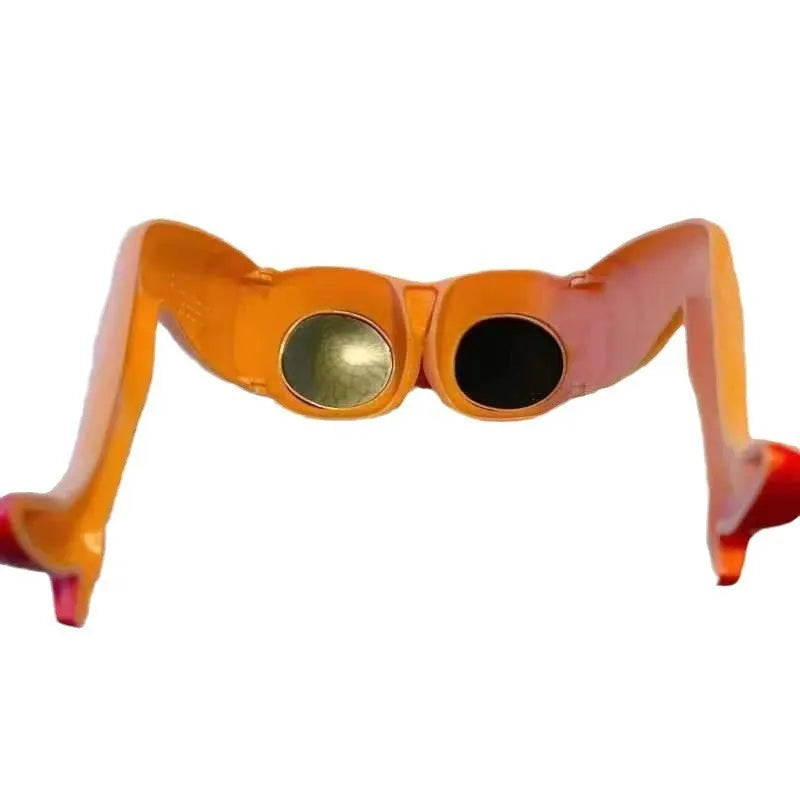 Orange novelty sunglasses with sculpted plastic leg attachments wrapped around head model.