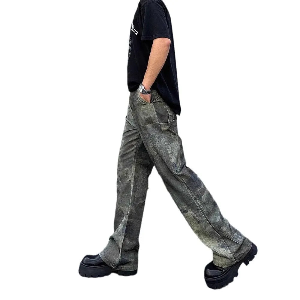 Men's straight-leg jeans with a retro digital camouflage pattern in a picture colour.
