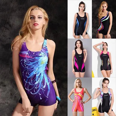 Women's black and blue quick-dry one-piece swimsuit for swimming.