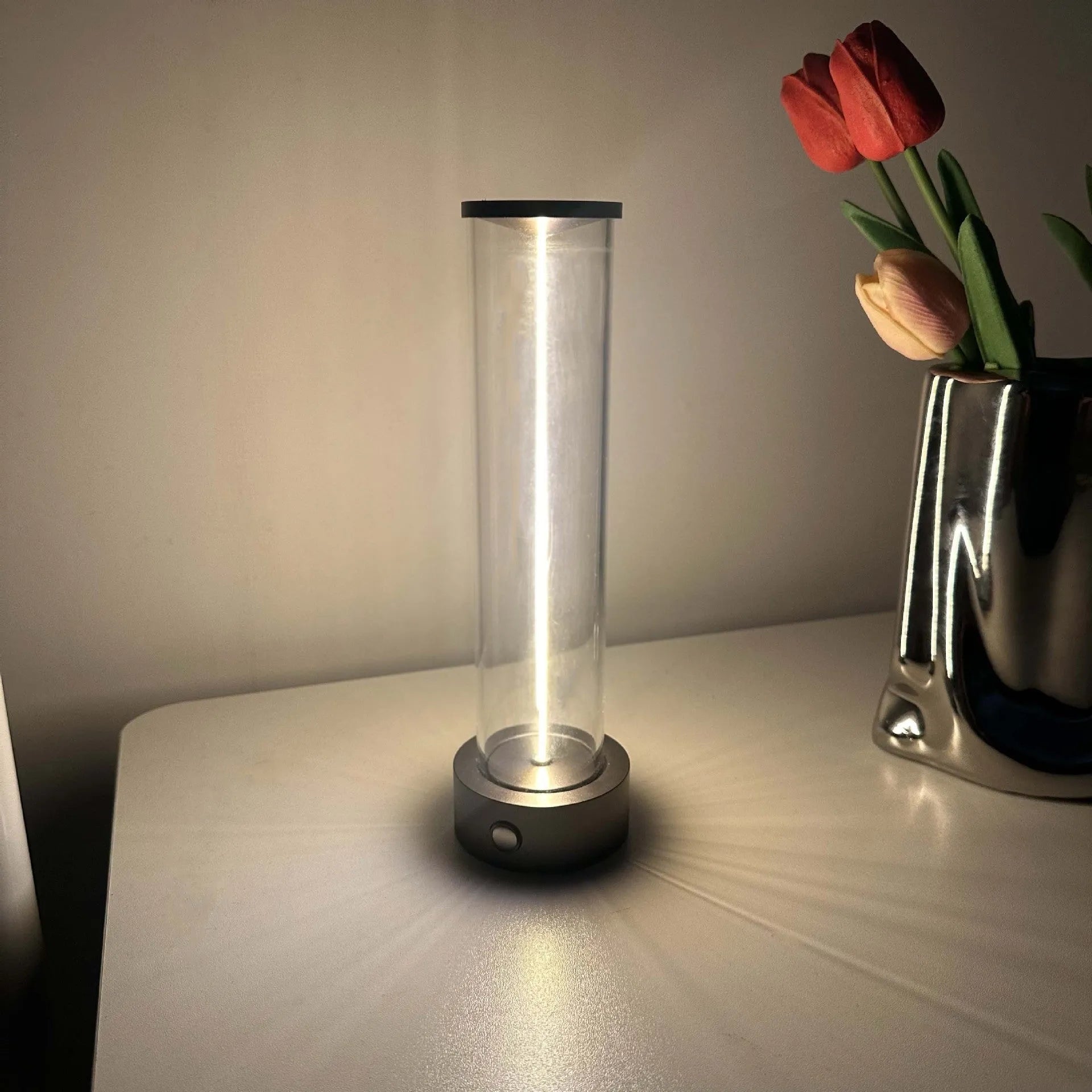 Modern USB-charged LED glass night light with magnetic base, dimensions 53mm by 234mm.