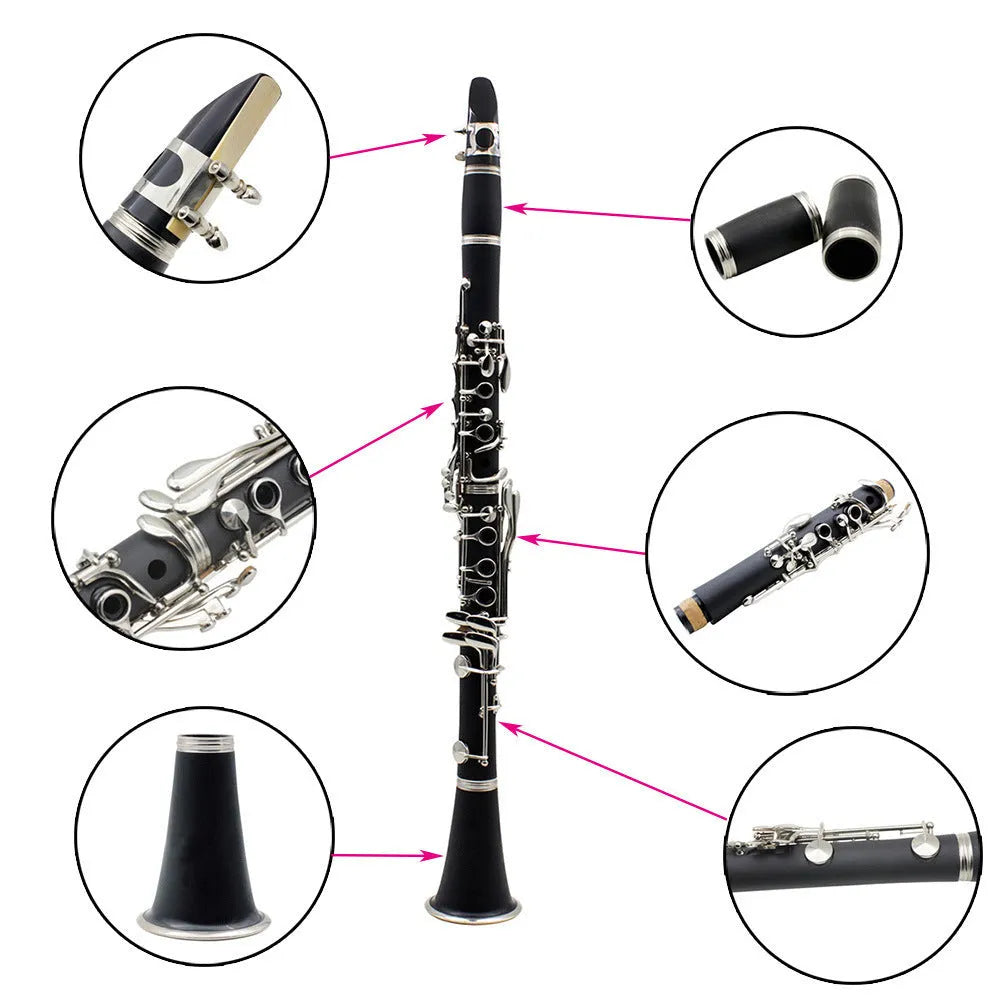Black Bakelite beginner clarinet with 17 nickel-plated keys and a carry bag.