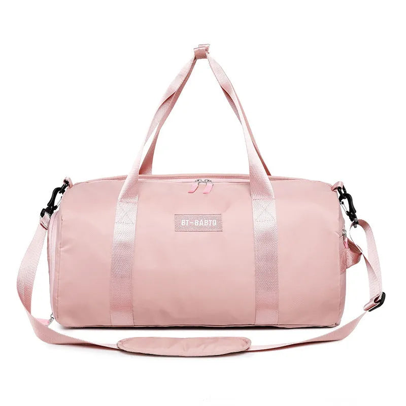Beige casual sports bag with letter pattern design and contrast colour details.