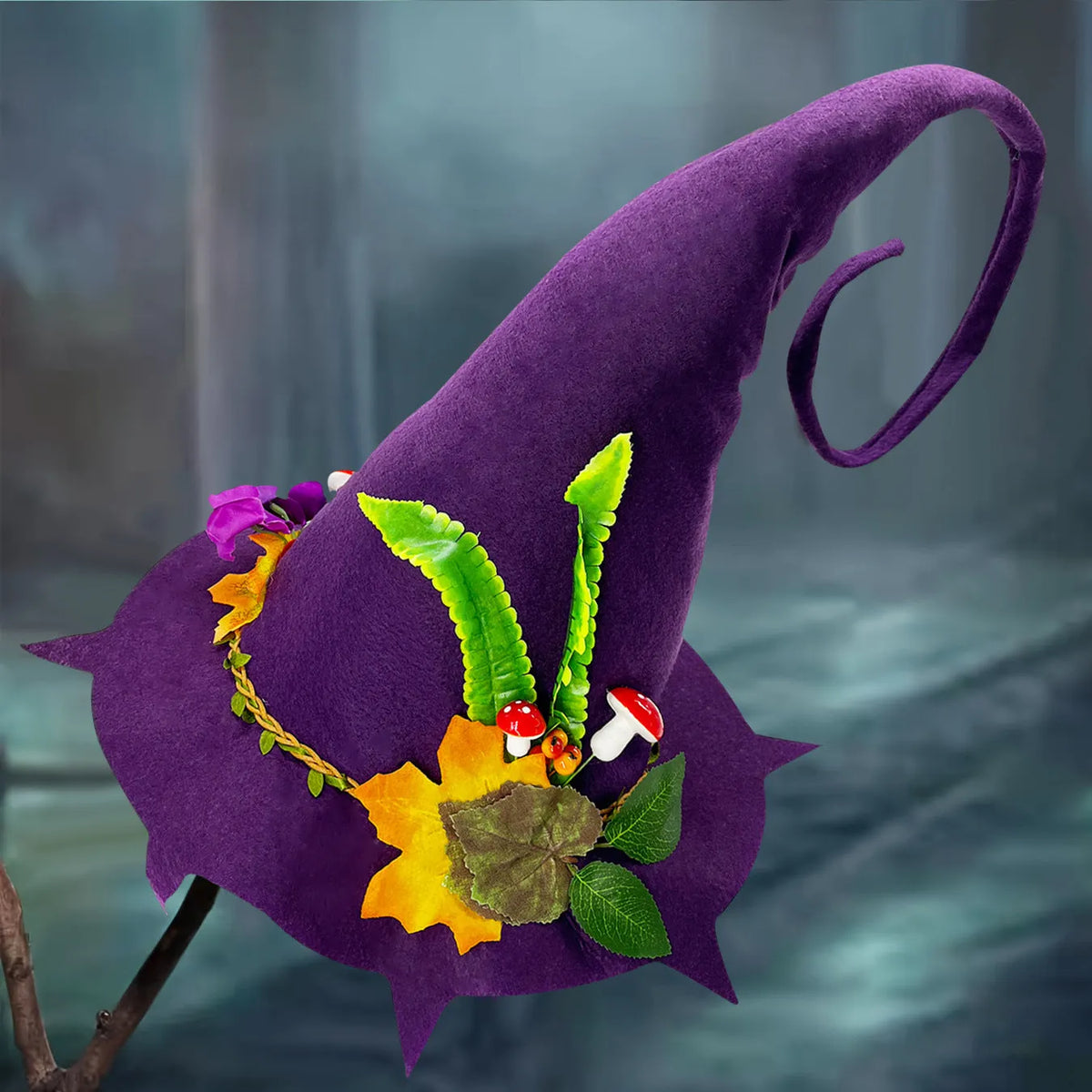 Felt Halloween witch hat with conical crown, fungus-shaped brim and monochrome printed pattern for adults