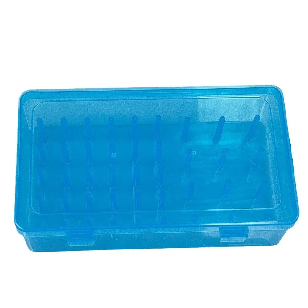 Plastic storage box with 42 compartments for organising embroidery threads and sewing kit accessories.