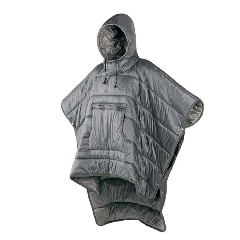 Outdoor cloak sleeping bag worn as cape showing grey colour and 200x140cm dimensions