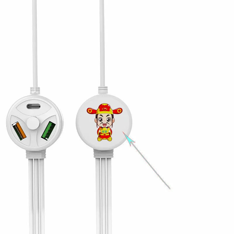 White 3-in-1 USB fast charge cable with micro USB and TYPE-C connectors on a 1.2 metre PVC cord.