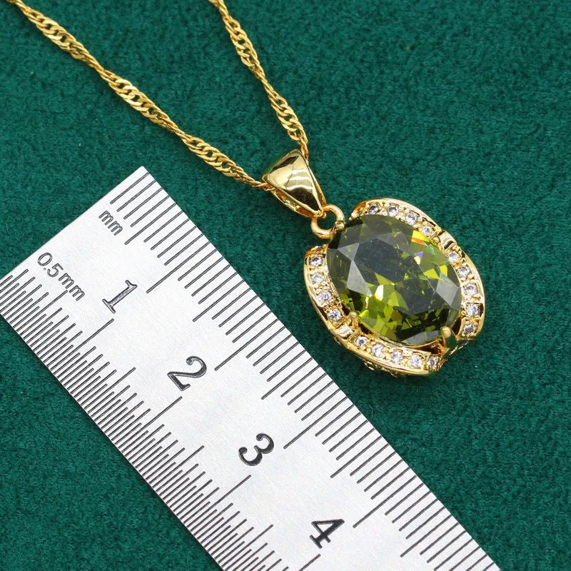 Women's rhinestone jewellery set with zircon inlay on copper with electroplated olive green or red finish