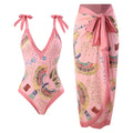 French retro one-piece swimsuit with gauze skirt in blue or pink colours, backless bikini style design