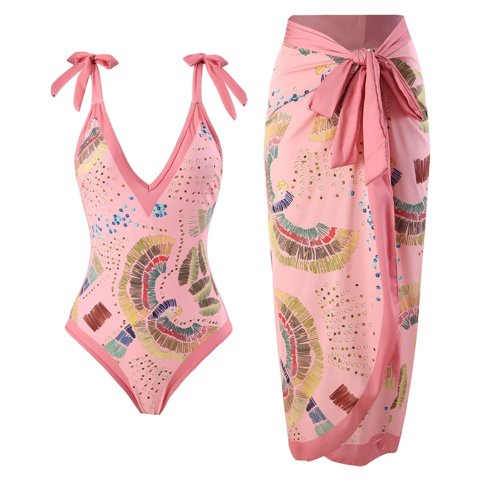 French retro one-piece swimsuit with gauze skirt in blue or pink colours, backless bikini style design