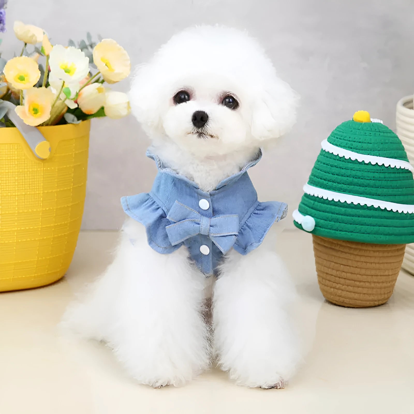 Blue denim dog dress with ruffles and built-in leash hook harness on chest and back