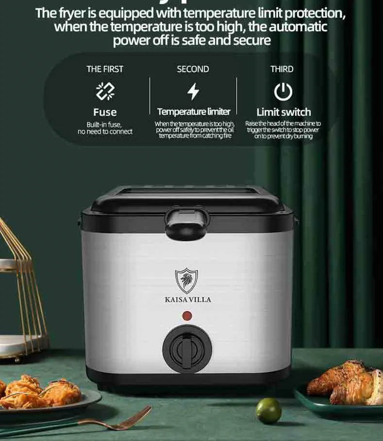 Silver 2.5-litre stainless steel electric air fryer with a detachable frying basket.