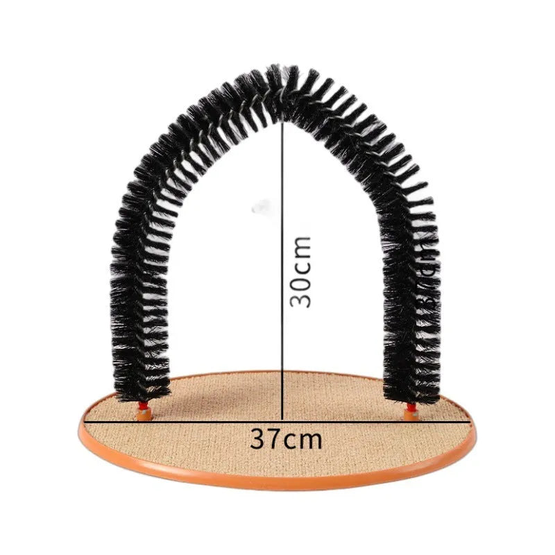 Black arch-shaped cat grooming brush with scratching surface and attached plush mouse toy on non-slip base
