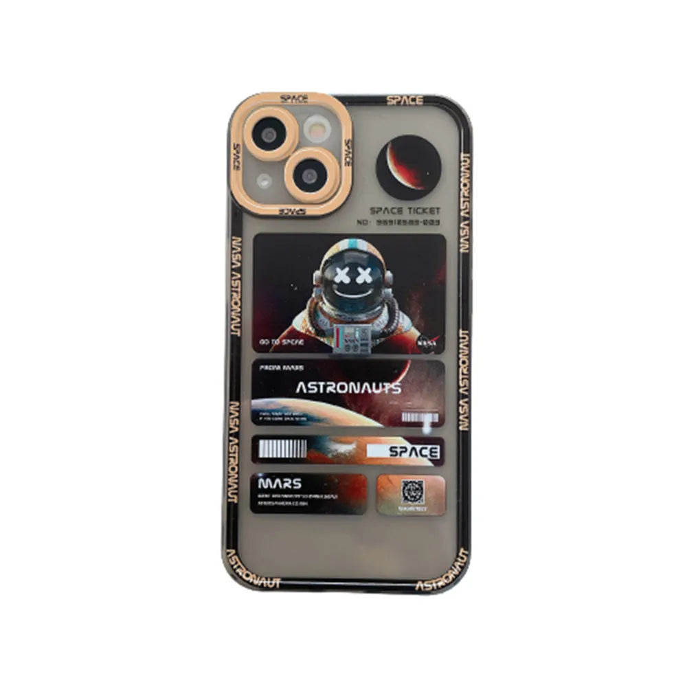 Blue and black graffiti space astronaut design on a silicone iPhone case for iPhone 13.
