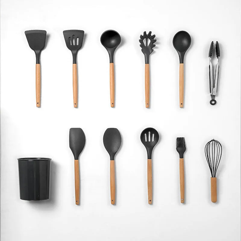 12-piece silicone kitchenware set with wooden handles in red colour box packaging, modern simplicity style