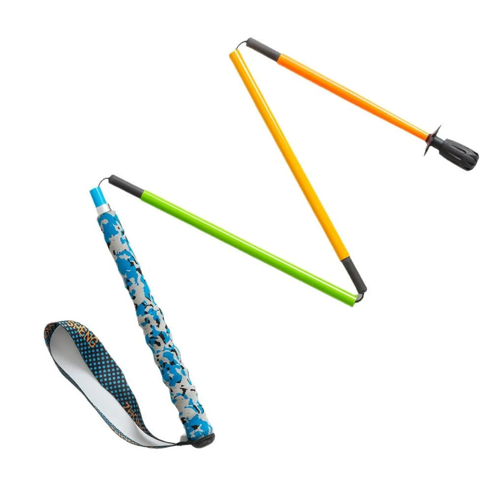 Ultralight high modulus carbon fibre five-section folding trekking pole in colourful finish against outdoor background