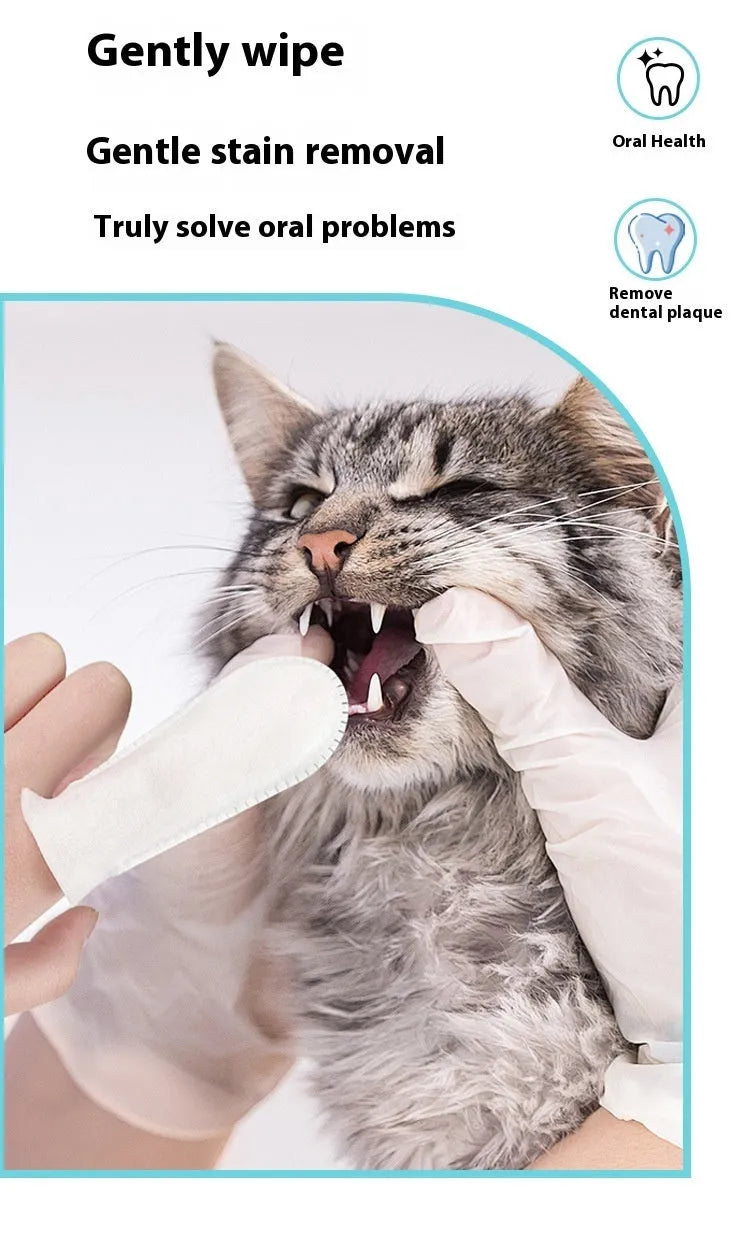 Open pack showing multiple beige non-woven fabric pet dental cleaning finger stalls or cots for cats and dogs.