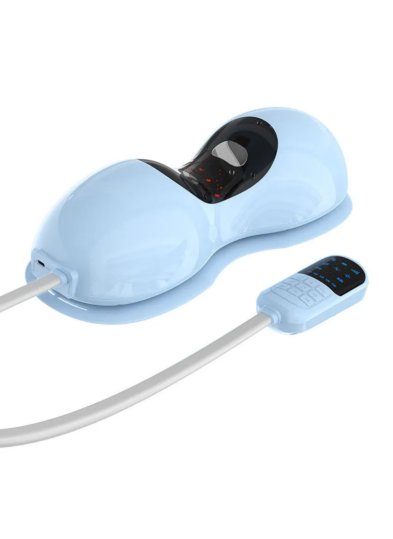 Blue rechargeable cervical massage pillow with multi-mode and heat on a chair