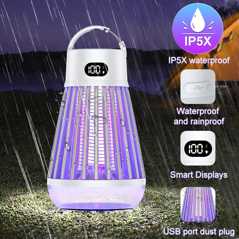 Digital display mosquito killer lamp with electric shock grid, white colour, on a tabletop with USB cable