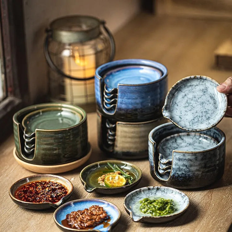 Japanese porcelain seasoning dish set with four plates and a storage tray in Aurora Green